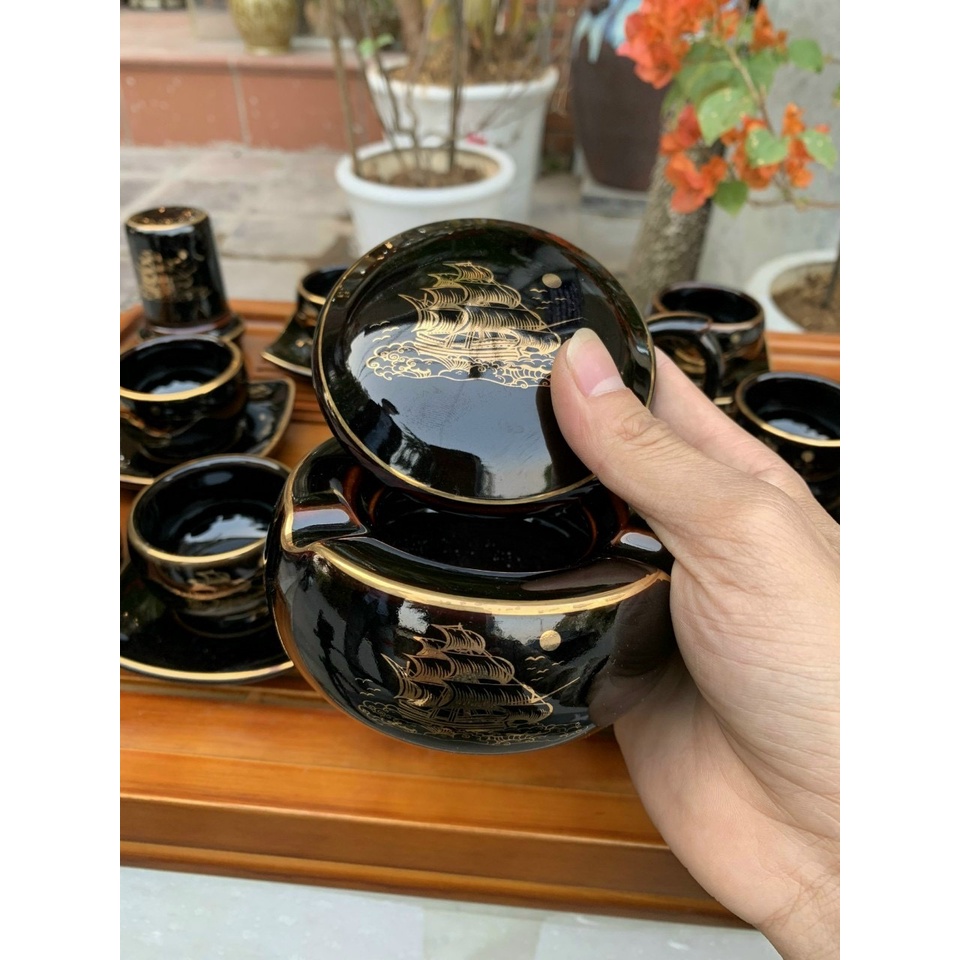 Bộ Ấm Chén Uống Trà, Bộ Bình Trà, Bộ Ấm Trà, Bộ Ấm Chén Bát Tràng - Thuận Buồm Xuôi Gió Men Đen Bóng