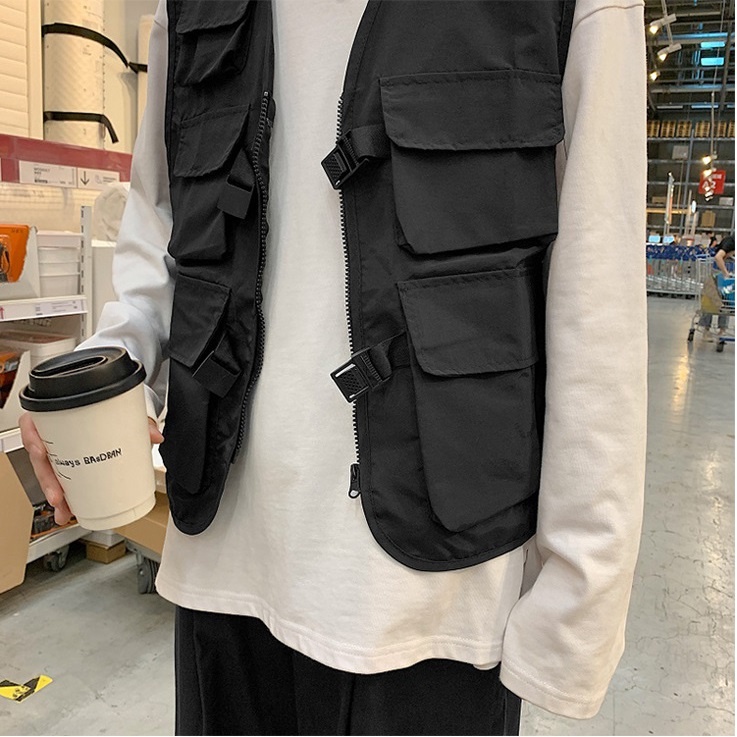 [sale xả kho] Áo ghi lê dù màu đen unisex khóa cài nhựa phong cách Hàn Quốc Quảng Châu w510 Pon.mens hà nội hcm