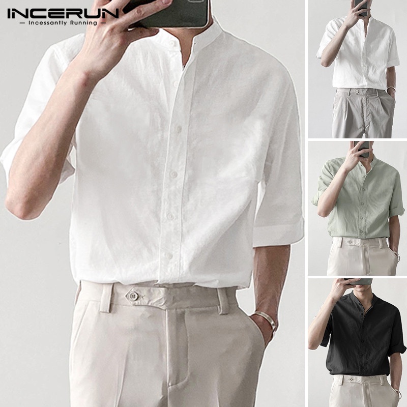 Áo sơ mi INCERUN tay ngắn màu sắc thanh lịch cho nam
