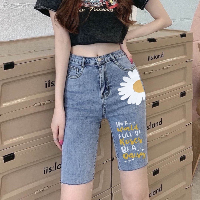 [60kg~90kg] Quần jean ngố / lửng BIGSIZE lưng cao, co dãn mạnh, trơn 3607 in hình mickey hoa cúc dễ thương