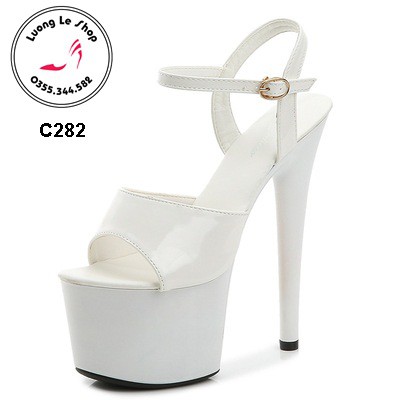 Giày cao gót 17cm gót nhon hở mũi da bóng quai vòng cổ chân nhiều màu Ms C282