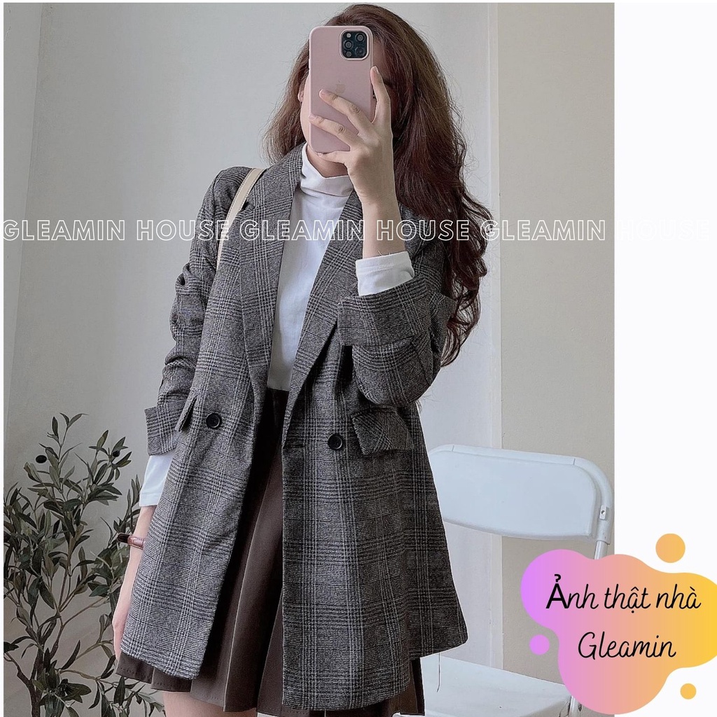 Áo blaze kẻ xẻ tay 2 lớp - Áo khoác nữ vest dáng rộng phong cách trẻ trung