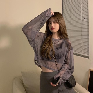 Áo thun lưới croptop tay dài dáng rộng màu nhuộm loang độc đáo thời trang mới cho nữ
