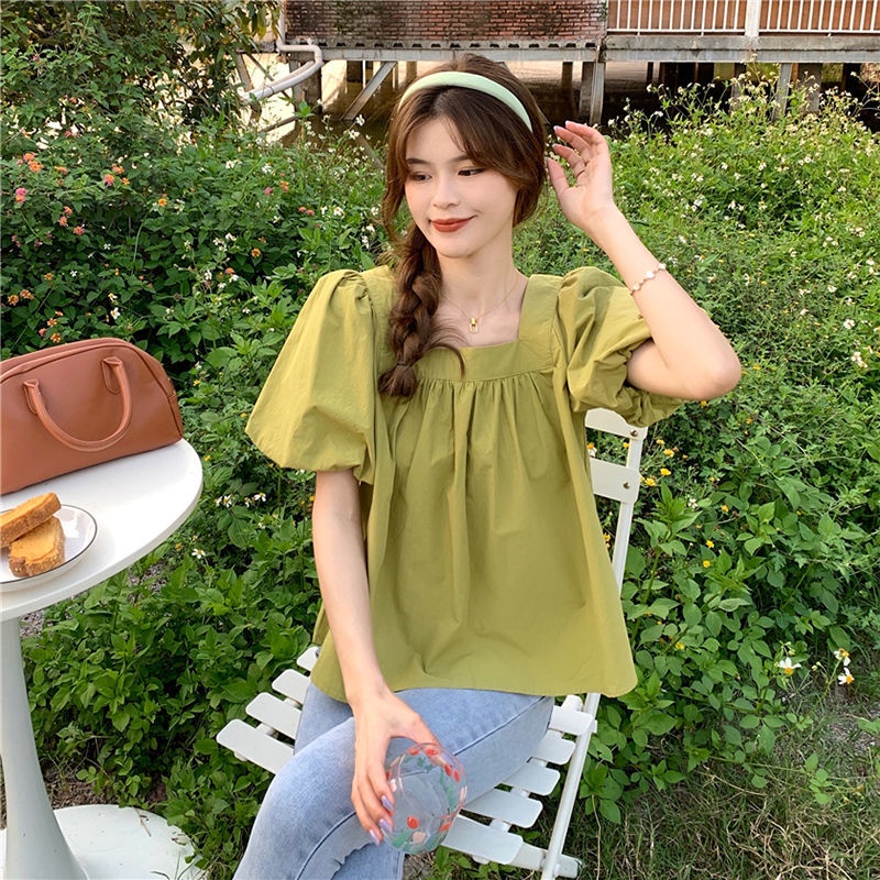 Áo Sơ Mi Tay Ngắn Phồng Cổ Vuông Thời Trang Dành Cho Nữ