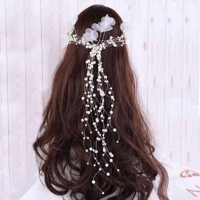 Cài tóc cô dâu -phụ kiện cưới giang - cài tóc hạt trai nhiều lớp đính hoa voan SP002895