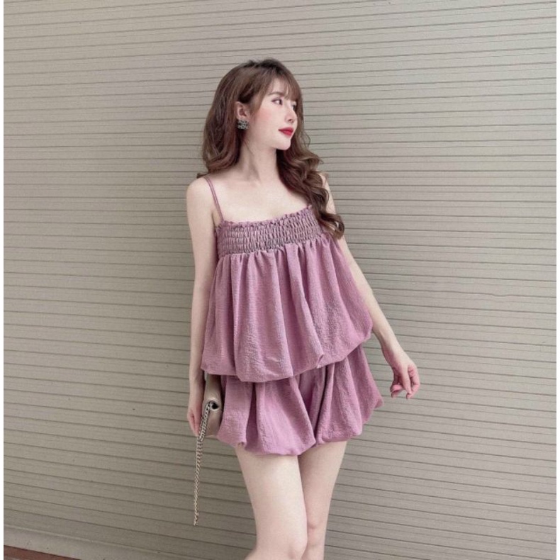 SALE 🎊  Set Bí Phồng Áo Hai Dây Nhún Ngực Và Quần Short Ngắn - Thiết Kế Tiểu Thư Bánh Bèo Cute - Hot Girl