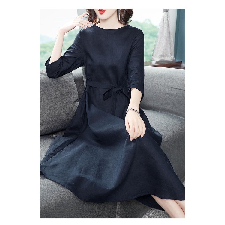 Đầm suông linen dáng chữ A cổ V tay lỡ xanh than, chất đũi mềm mát, thời trang phong cách Hàn Quốc