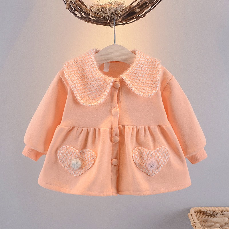 Áo khoác bé gái cổ sen túi trái tim chất cotton lót nhung siêu mềm mịn size 9-15kg AK21