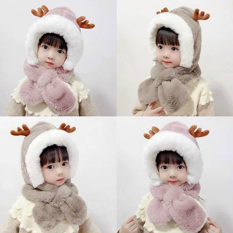 Mũ trẻ em mùa đông lót lông sừng hươu cute nón kèm khăn siêu ấm tai gấu thỏ cho bé trai/ bé gái