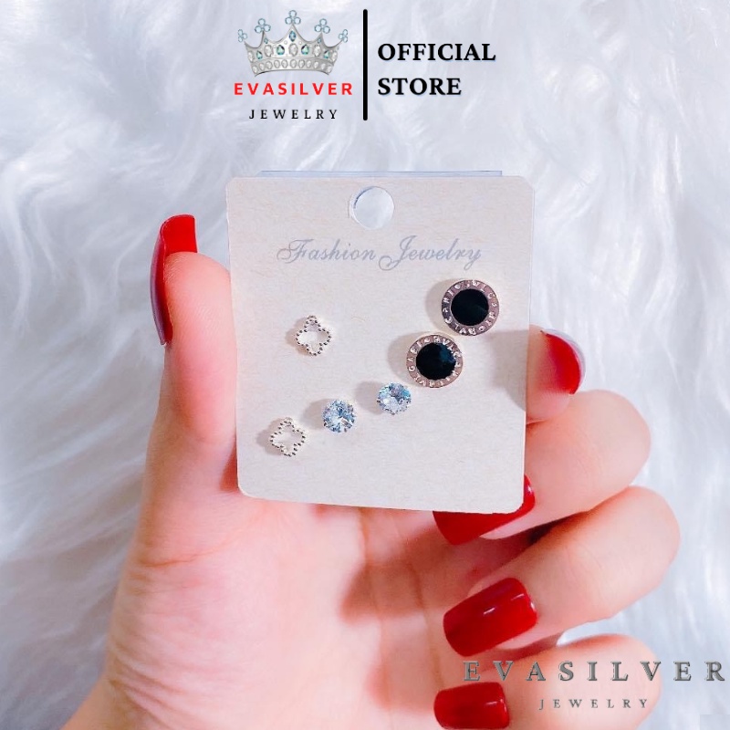 Combo 3 đôi khuyên tai bạc ta nhiều hình xinh xắn nữ tính - Trang sức bạc Evasilver