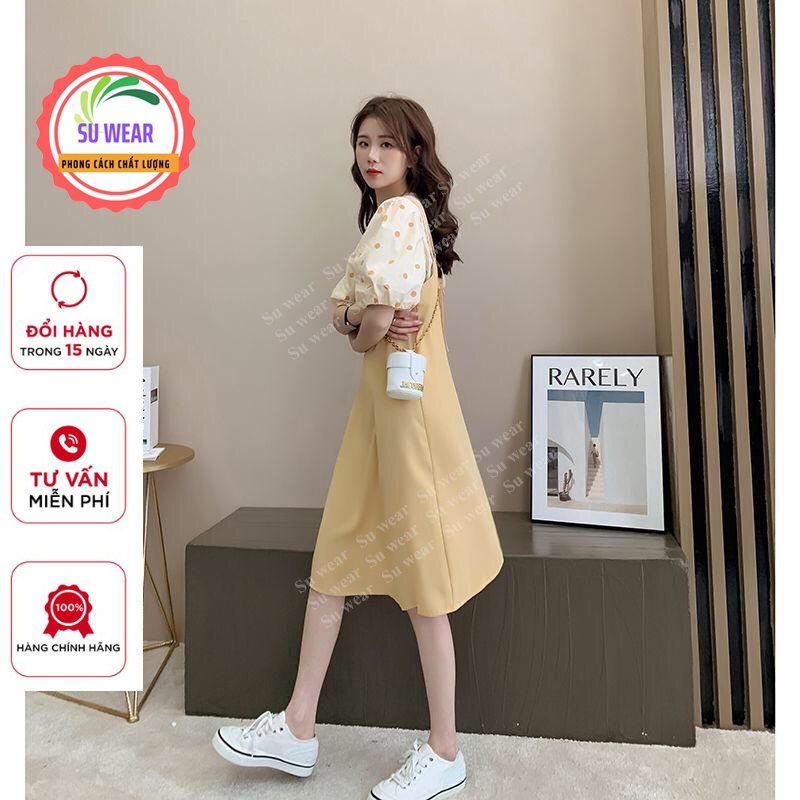 Váy Tiểu Thư 2 dây - Đầm yếm chấm bi Bánh Bèo Màu vàng chất cotton đi chơi, ăn tiệc, đi dạo | BigBuy360 - bigbuy360.vn