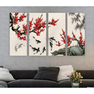 Bộ 4 tranh canvas treo tường hoa đào cá chép sang trọng TTC - 30 x 70 cm x 4 tranh