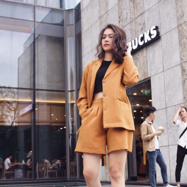 Set áo vest tay dài quần short She, Áo blazer kèm short cá tính đi chơi cho nữ