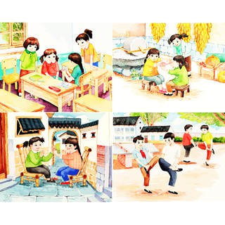 Trò chơi dân gian Việt Nam. Tranh sơn dầu số hoá tự tô màu theo số có khung (40*50cm)