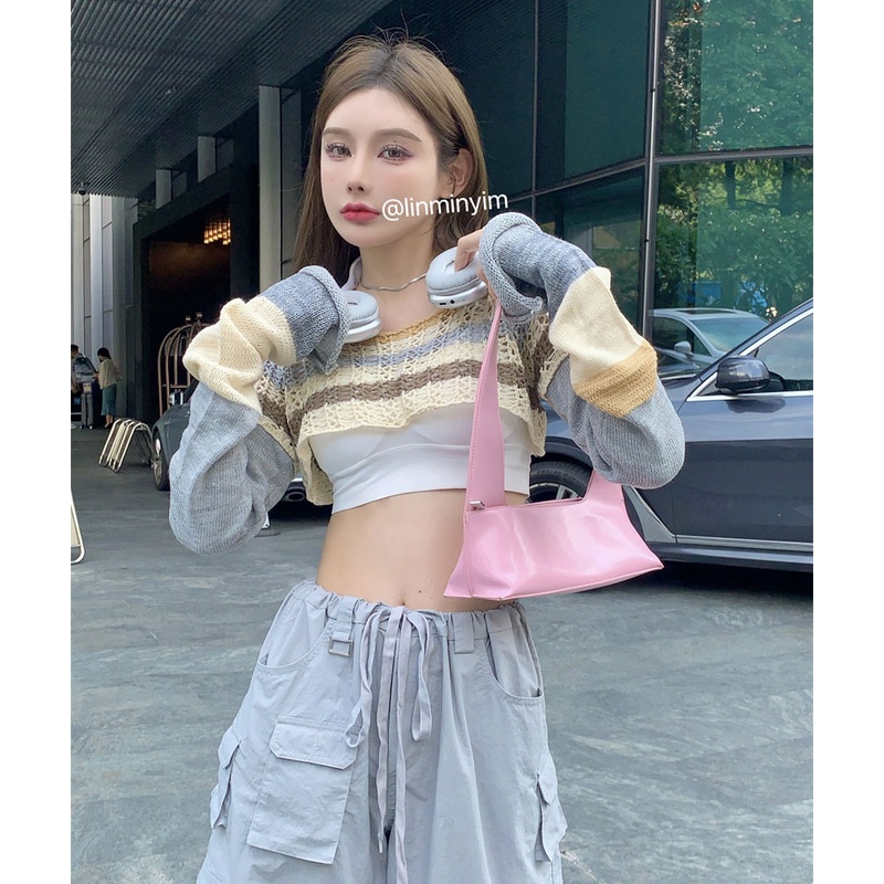 QKOOLE Áo croptop  dệt kim tay dài phong cách cổ điển Hàn Quốc cho nữ