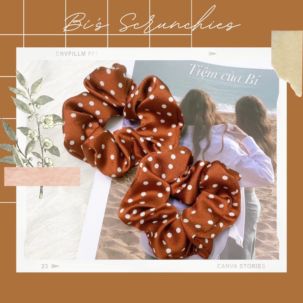 [Handmade] Scrunchies cột tóc nâu họa tiết chấm bi hot trend dành cho bạn nữ