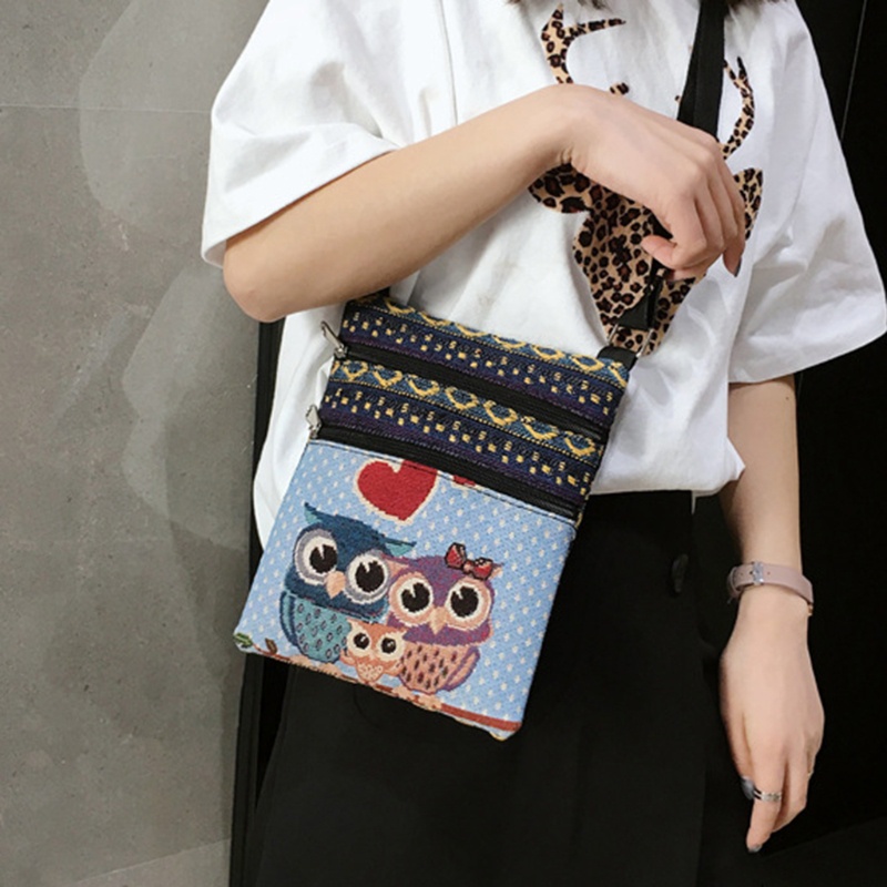 Túi Đeo Chéo Vải Canvas In Họa Tiết Chim Cú Phong Cách Bohemian Cổ Điển Thời Trang Cho Nữ