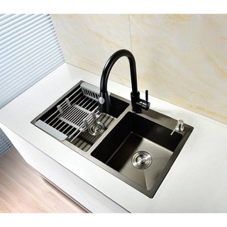 Chậu rửa chén, chậu rửa bát, bồn rửa chén 2 hộc phủ nano đen Navier NV-8245 có vắt dao, thớt, rổ đa năng