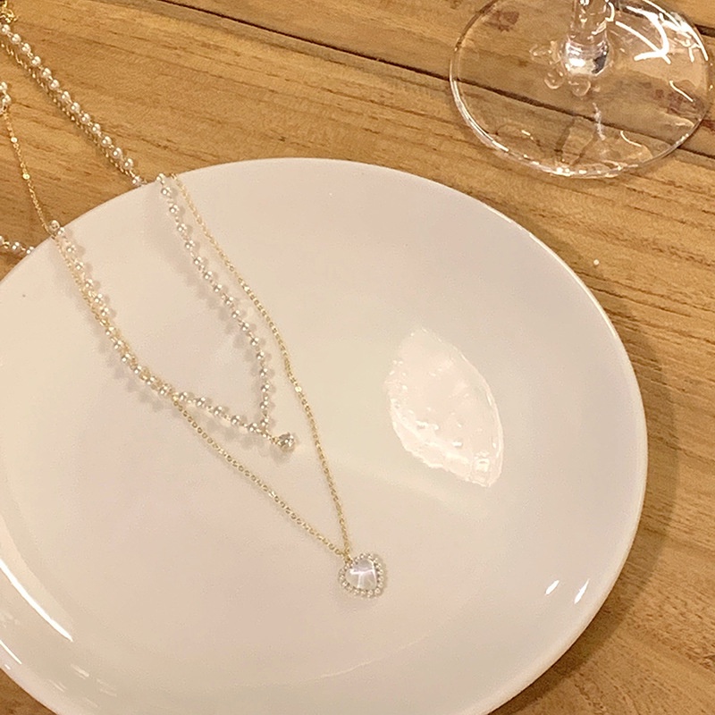 Vòng cổ Hợp Kim Mặt Trái Tim Đôi Đính Hạt Ngọc Trai Dễ Thương Cho Nữ