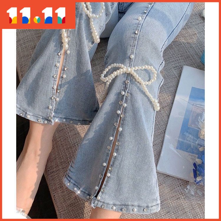 Quần Jeans Lưng Cao Ống Loe Xẻ Tà Đính Hạt Thời Trang Mùa Hè Phong Cách Hàn Quốc Cho Nữ 2021