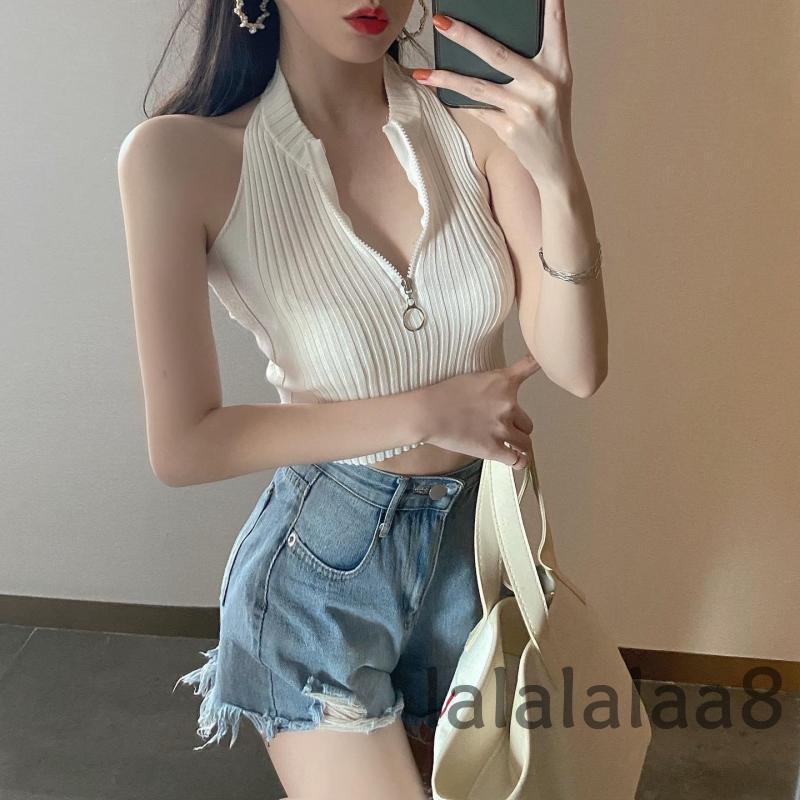 Áo Crop Top Hai Dây Dệt Kim Ôm Dáng Màu Trơn Có Khóa Kéo Nửa Thân LAA8 Cho Nữ
