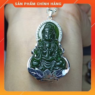 Mặt dây chuyền quan thế âm jade Canada tự nhiên bọc bạc