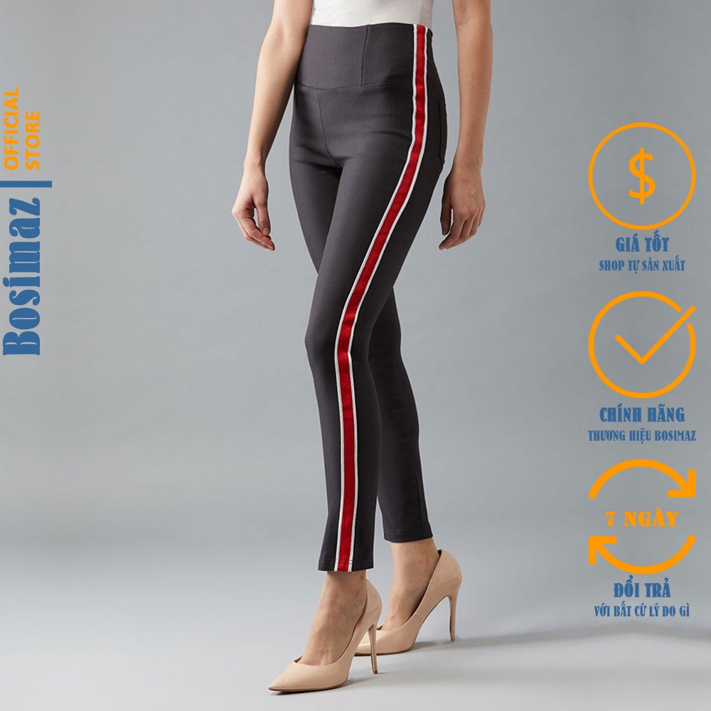 Quần Legging Nữ Bosimaz MS232 dài túi sau màu xám sọc đỏ cao cấp, thun co giãn 4 chiều, vải đẹp dày, thoáng mát.
