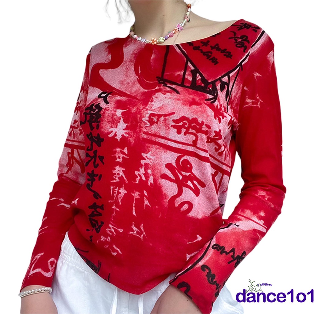 Áo Thun Nữ Tay Dài Ôm Dáng In Họa Tiết Graffiti Sành Điệu