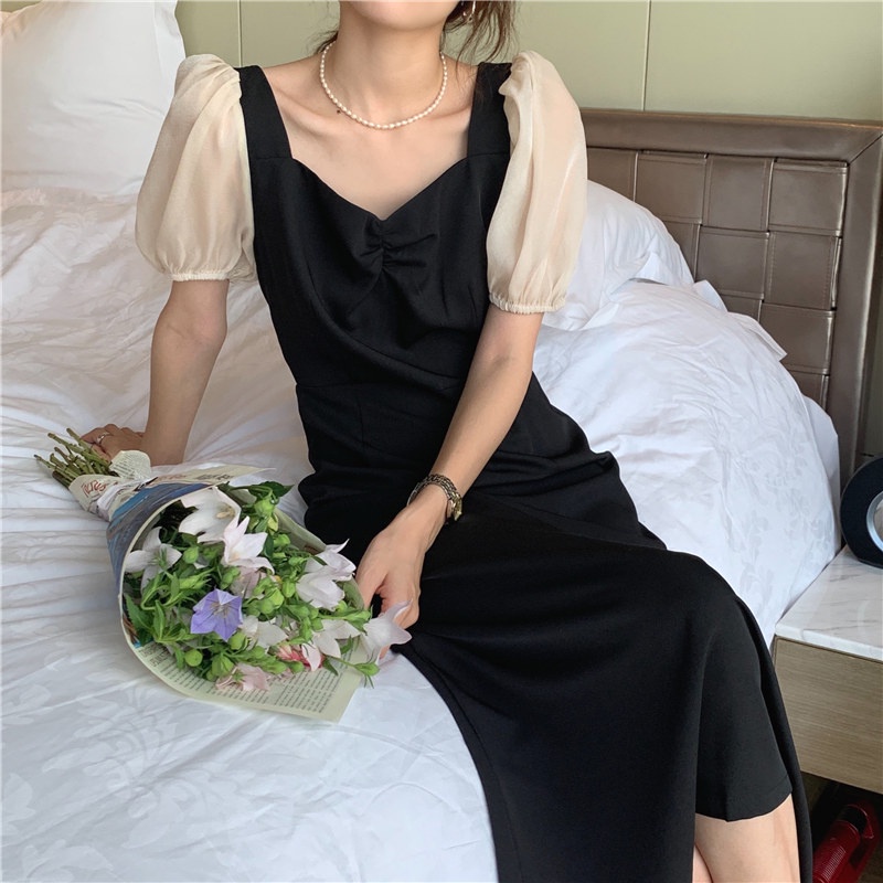 Đầm Dài Tay Phồng Cổ Vuông Phong Cách Hàn Quốc Mới 44761