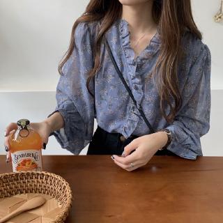 Áo Sơ Mi Tay Dài Cổ Chữ V Dáng Rộng In Họa Tiết Hoa Thời Trang Mùa Hè Hàn Quốc