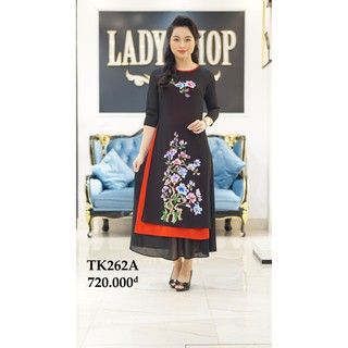 Áo dài cách tân trung niên thời trang quý bà cao cấp - Ladyshop - Cách tân xanh than thêu cành hoa lót xanh Tk262