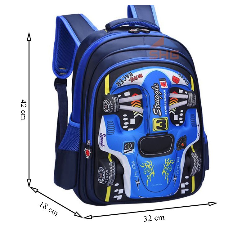 BALO HỌC SINH HOÀNG GIA, KÍCH CỠ TIỂU HỌC BA NGĂN 3D HÌNH XE ĐUA CỰC CHẤT CHO BÉ TRAI