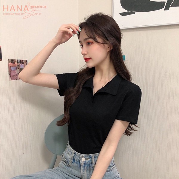 Áo Croptop nữ tay ngắn cổ bẻ chữ V cá tính màu đen trắng dáng áo phông nữ cộc tay ngắn form rộng đi học biển gym mùa hè