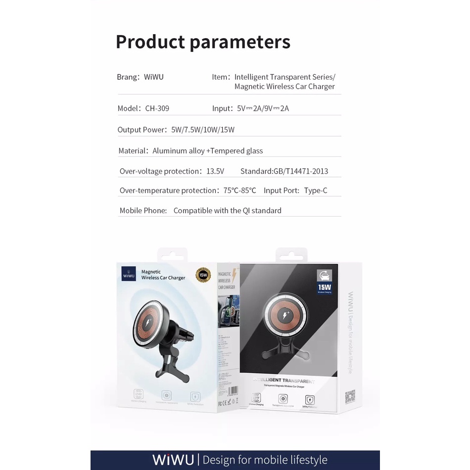 Bộ sạc Oto Wiwu Magentic Wireless Car Charger CH-309 Xoay 360 Độ, Hấp Phụ Từ Tính Mạnh, Sạc Nhanh - Hàng Chính Hãng