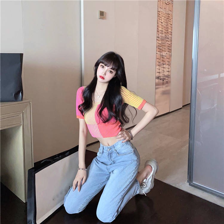 ☼♂✖Ins net màu đỏ hyuna phong cách ca rô bảy sắc cầu vồng áo sơ mi mỏng mảnh mai cắt may len ngắn tay thun nữ mùa