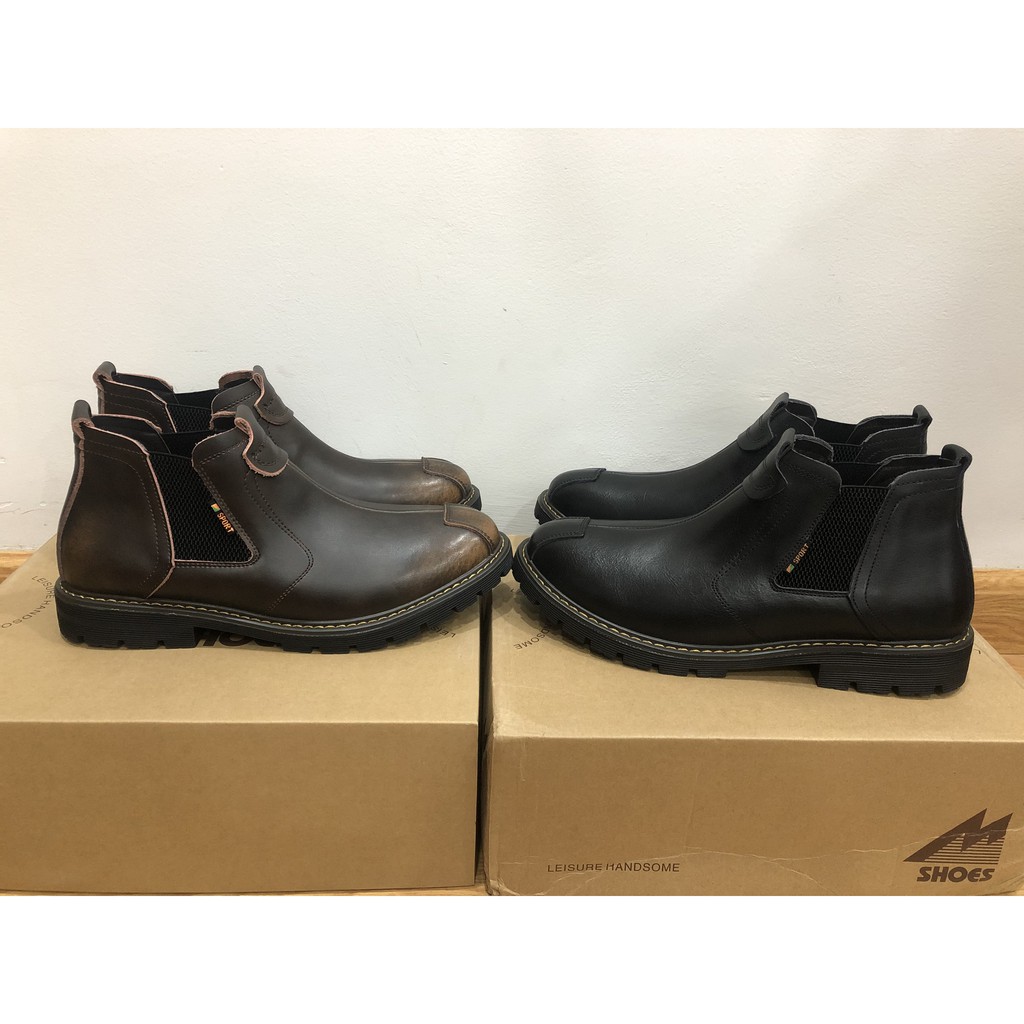 Giày da bò nam đế cao không dây, giày da bò thật cổ lửng dòng chelsea boot đế cao su đúc chống trơn tăng chiều cao