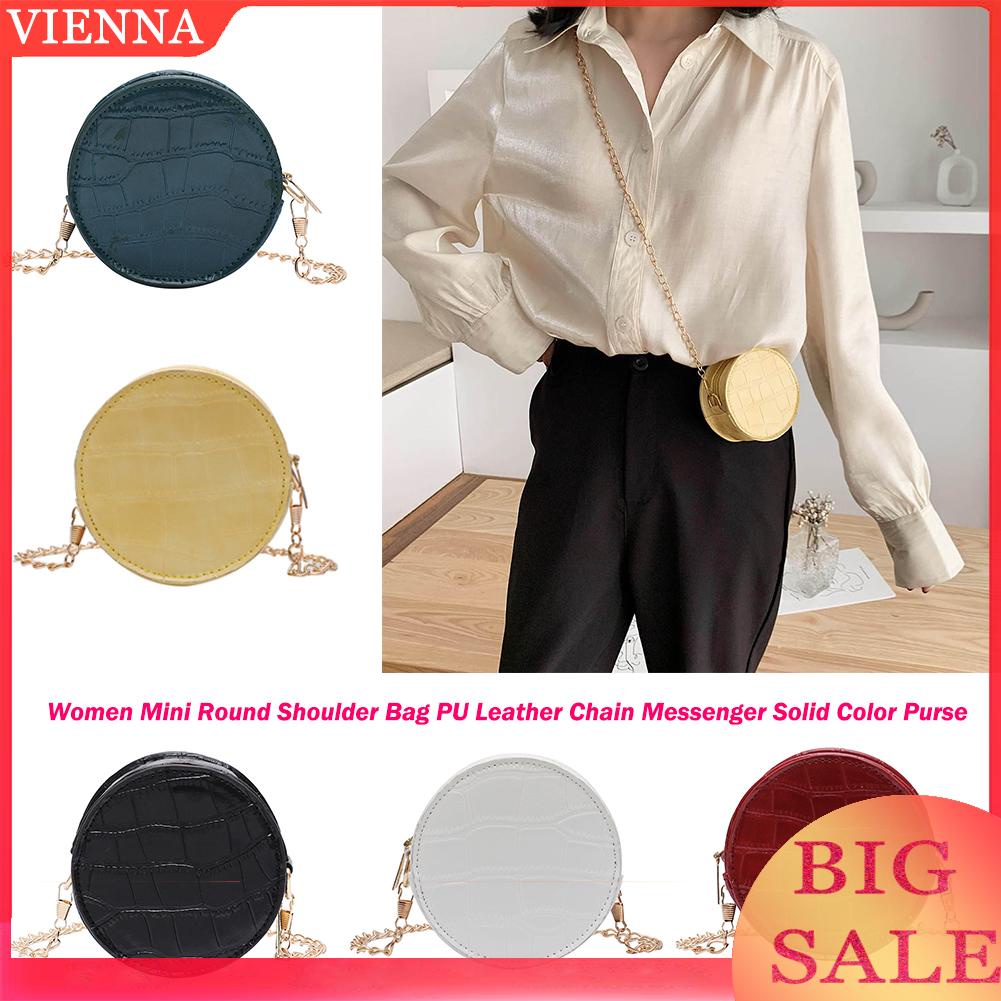 Túi đeo chéo da PU hình tròn mini màu trơn phối dây xích thời trang cho nữ
