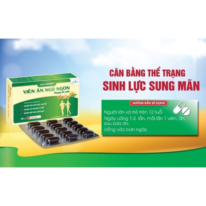 Viên Ăn Ngủ Ngon Happy Health Daily - Hộp 30v - giúp bồi bổ cho người suy nhược, giúp ăn ngủ ngon, phục hồi sức khoẻ tốt