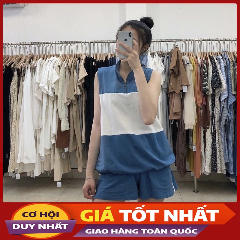 Sét Tanktop Cổ Polo Pha Màu Kèm Quần Short M836-Violet