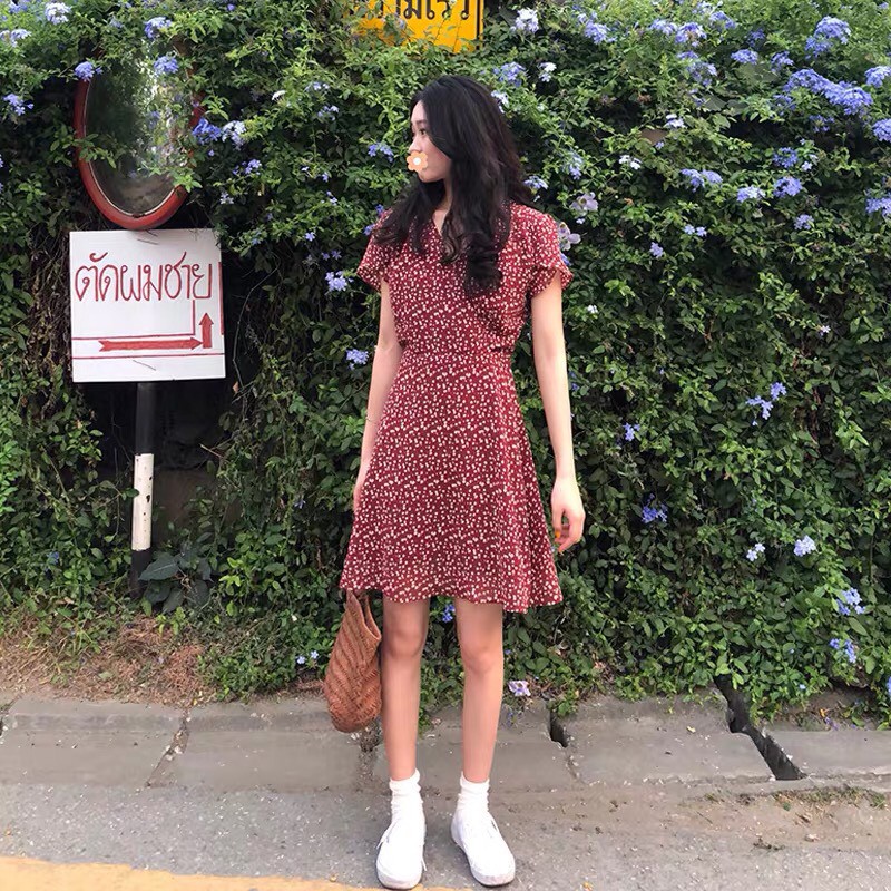 Váy vintage dáng ngắn cổ tim chất voan mát mịn, Đầm hoa nhí vintage ngắn tay ulzzang Hàn Quốc - Roxie | BigBuy360 - bigbuy360.vn