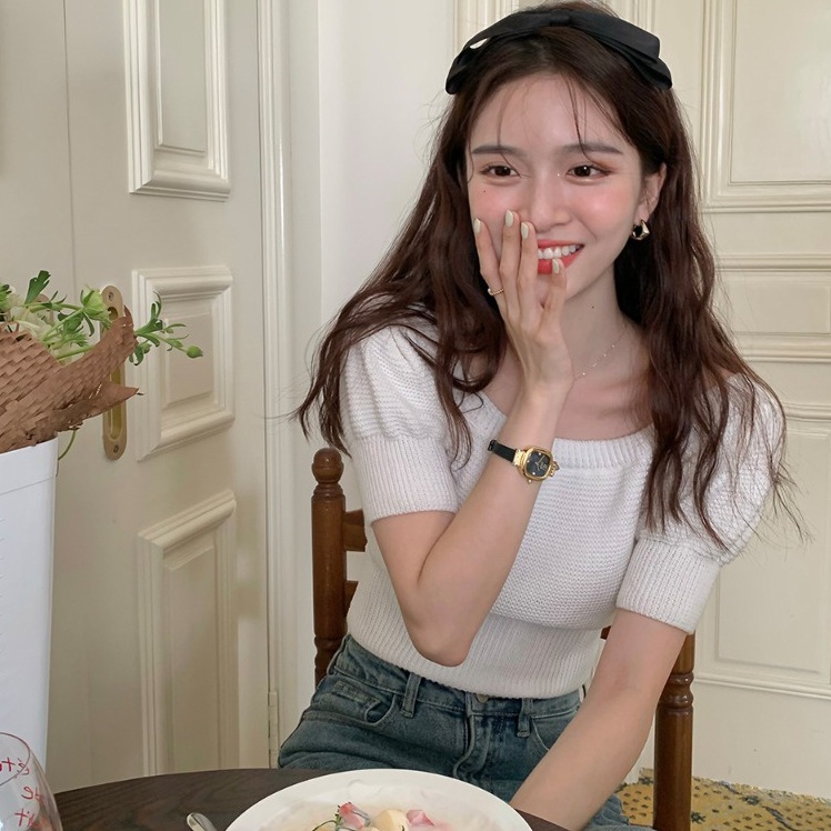 QKOOLE  Áo croptop Dệt Kim Tay Ngắn Hở Vai Thời Trang Hàn Quốc Dành Cho Nữ