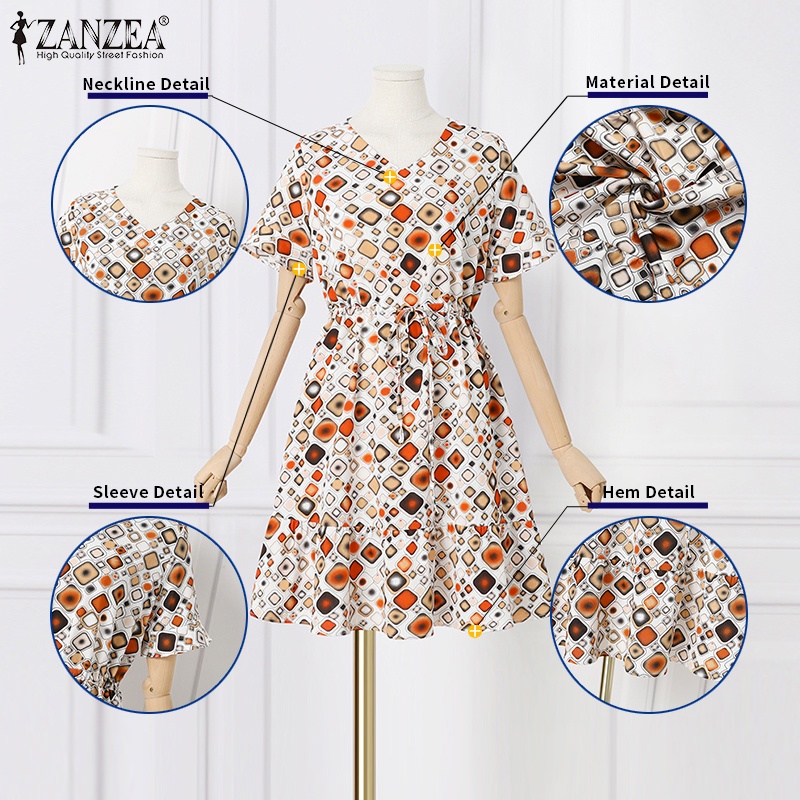 Đầm Zanzea tay ngắn cổ chữ v rút dây họa tiết hình học phong cách Hàn Quốc thời trang cho nữ