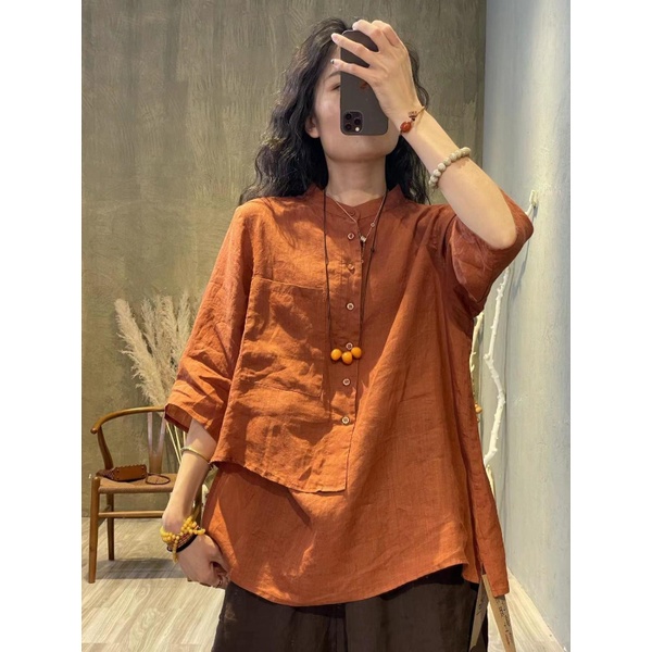 Áo Sơ Mi Cotton Lanh Mỏng Ba Lỗ Dáng Rộng Che Bụng Phong Cách Retro Thiết Kế Mới Mùa Hè 2022 Cho Nữ