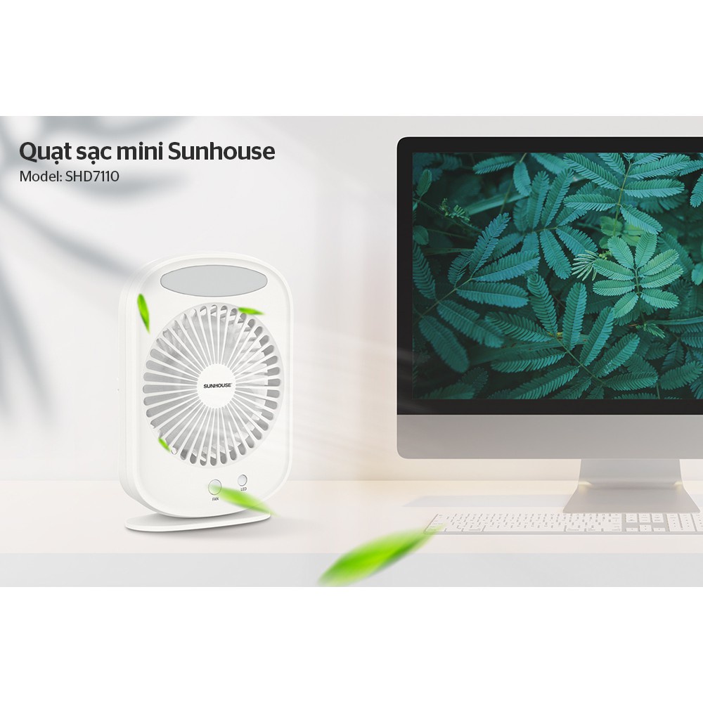 Quạt tích điện mini Sunhouse SHD7110, công suất 7W, tích hợp đèn ngủ, 3 tốc độ, bảo hành 12 tháng