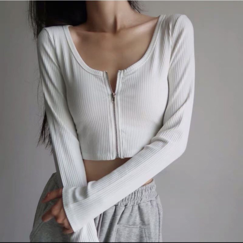 Áo thun cổ vuông body dài tay croptop khóa giữa sang chảnh