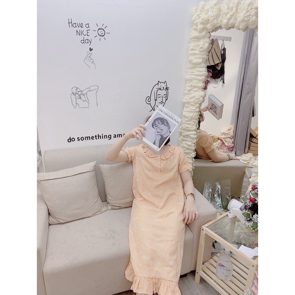 Váy pijama váy mặc nhà váy đũi lạnh siêu mát mềm bầu bí mặc thoải mái