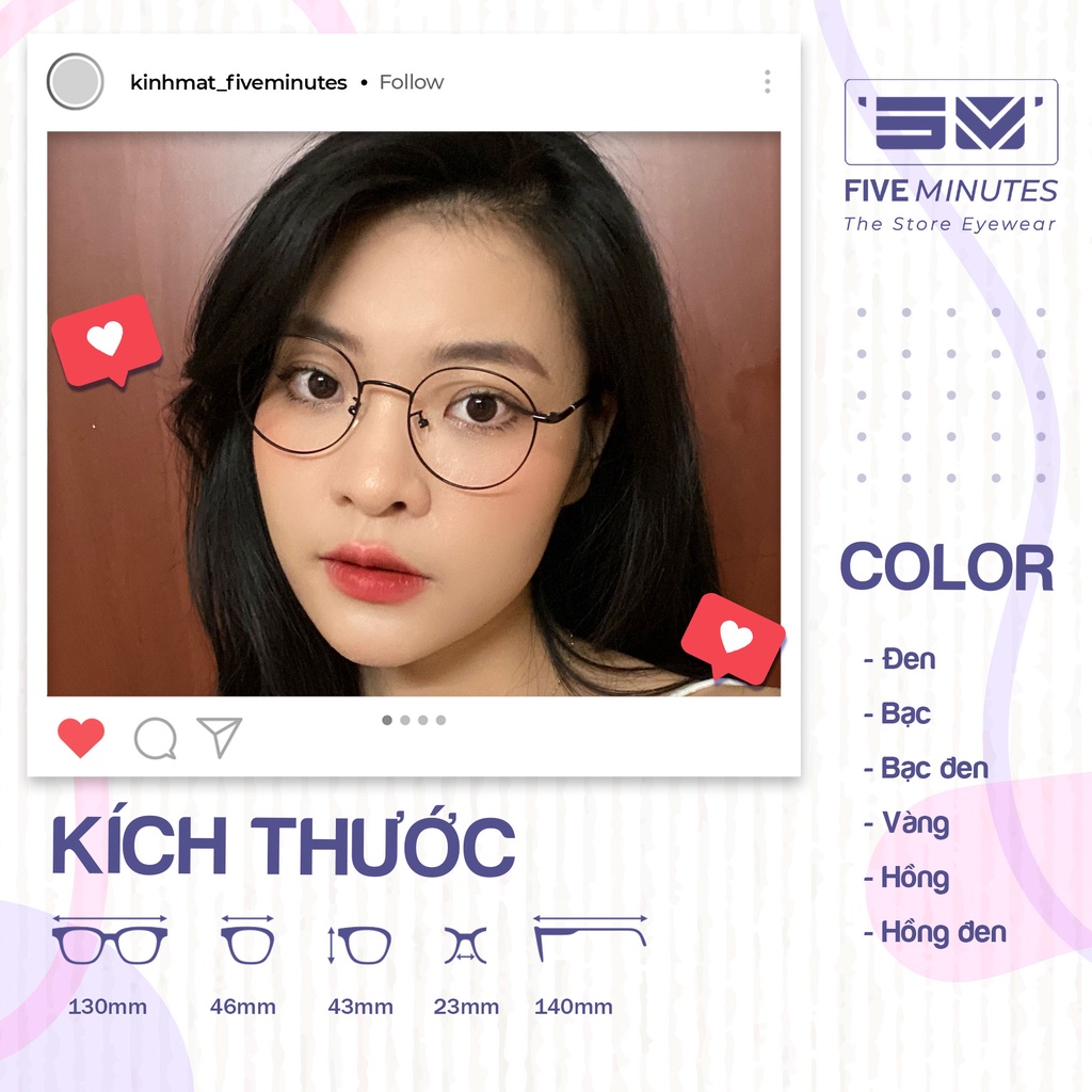 Gọng kính nam nữ, kim loại mảnh nhẹ dáng tròn 5281 Siêu xinh và dễ đeo - Kính Mắt Five Minutes