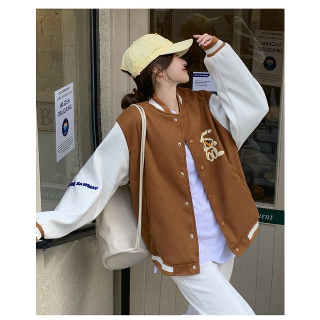 Áo khoác from rộng unisex áo khoác bomber nỉ ngoại in hình gấu nghiên đầu