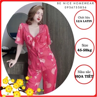 Bộ lụa ren cổ quần dài họa tiết xinh xắn Be Nice Homewear