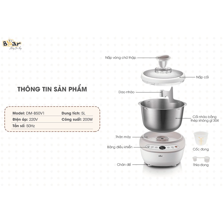 Máy nhồi bột siêu khỏe, máy nhào bột, máy ủ bột, máy tạo bột làm bánh dung tích 5L BEAR VN DM-B50V1